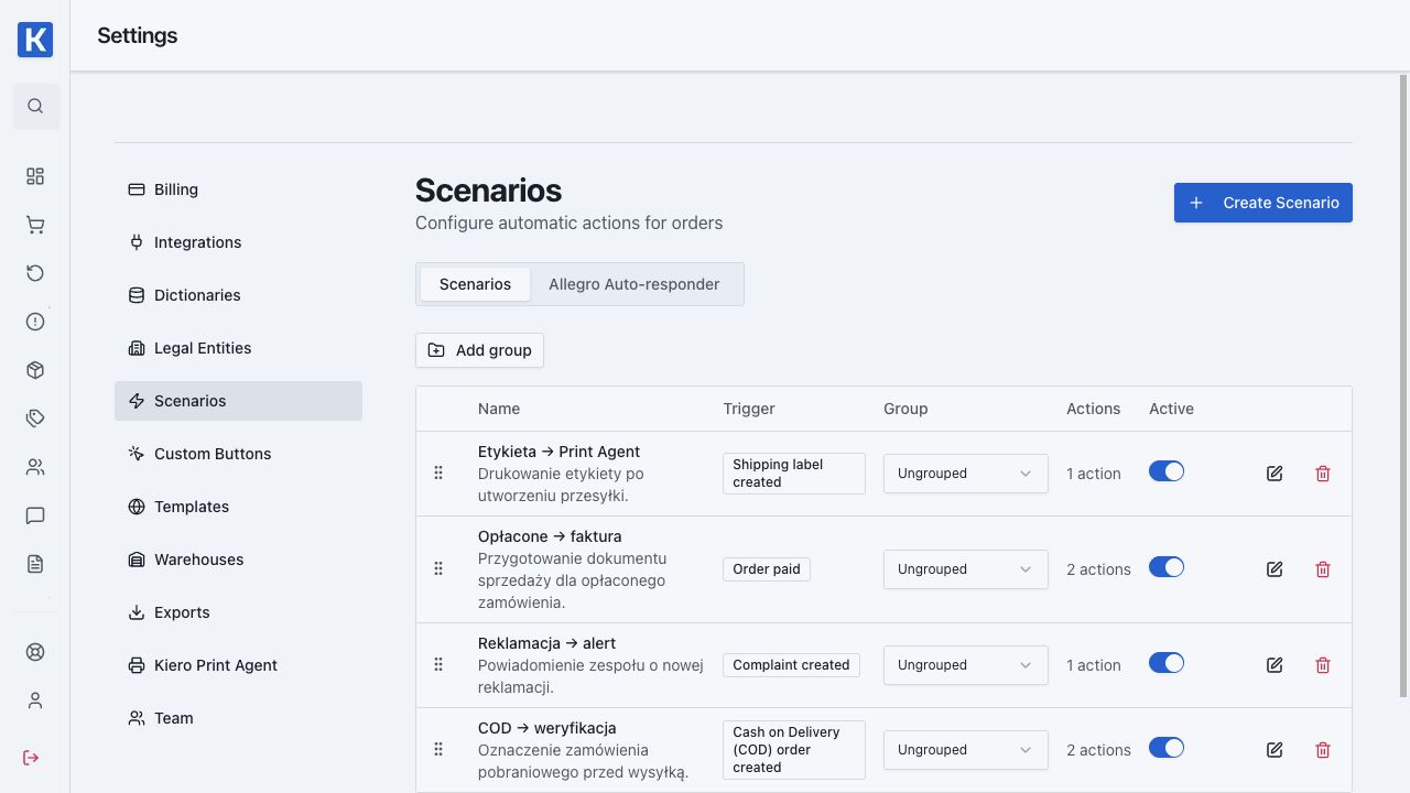 Kiero OMS automation scenarios — real demo data