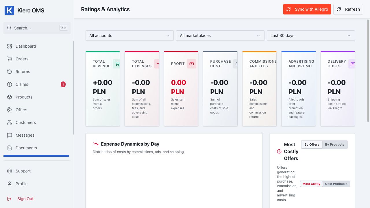 Kiero OMS billing panel — real demo data