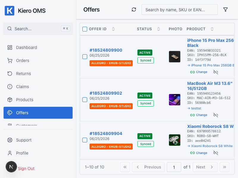 Marketplace listings in Kiero OMS — demo data