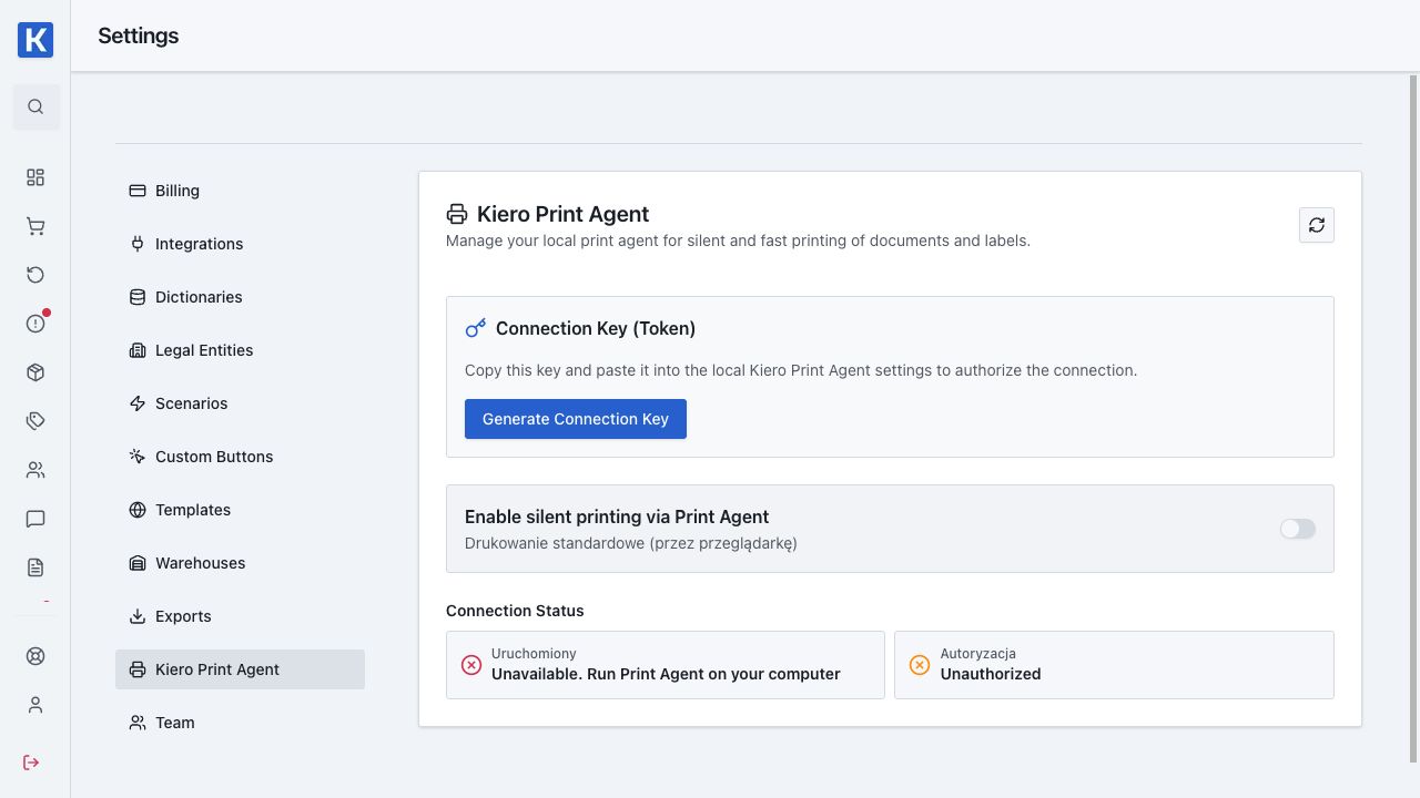 Kiero Print Agent settings — real demo data