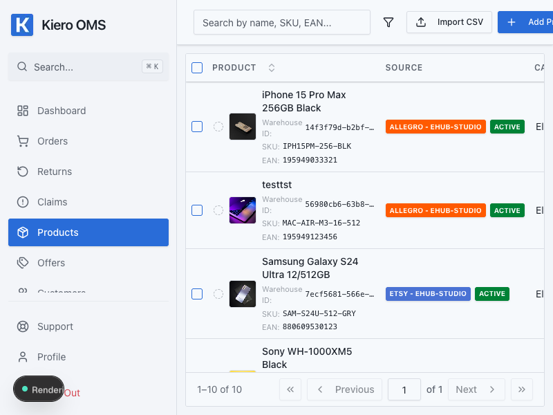 Kiero OMS product catalog — demo data without personal information