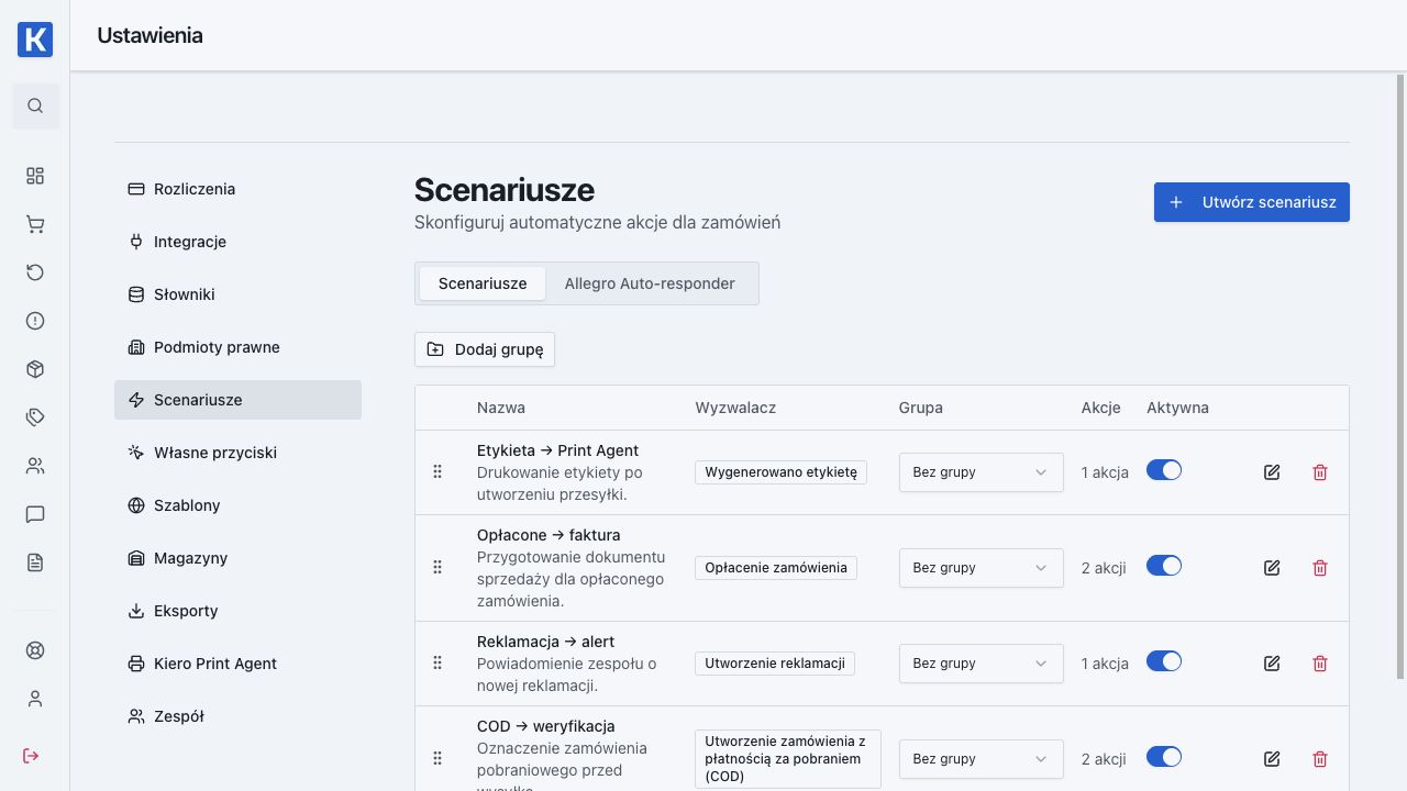 Lista scenariuszy Kiero OMS — rzeczywiste dane demonstracyjne