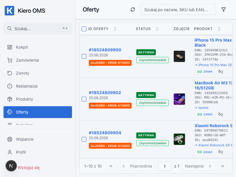 Oferty marketplace w Kiero OMS — dane demonstracyjne