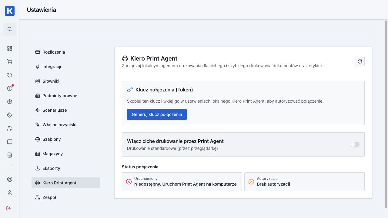 Ustawienia Kiero Print Agent — rzeczywiste dane demonstracyjne