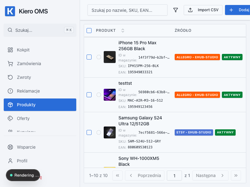 Katalog produktów Kiero OMS — dane demonstracyjne bez danych osobowych