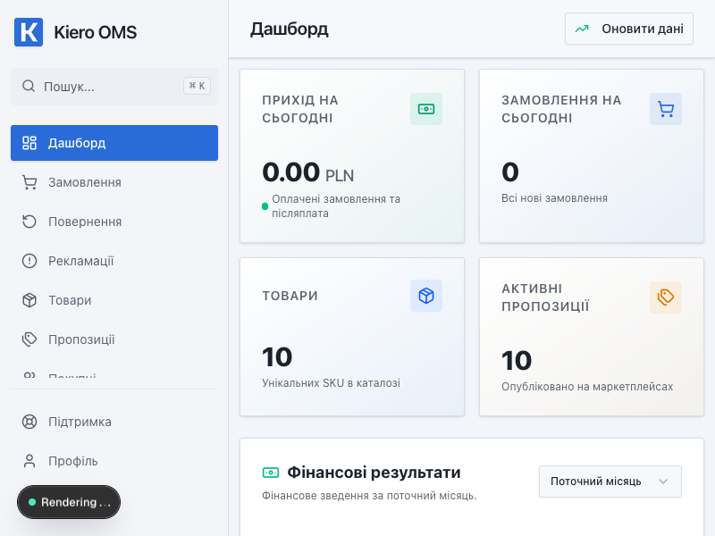 Кабінет Kiero OMS після входу — демонстраційний вигляд без персональних даних